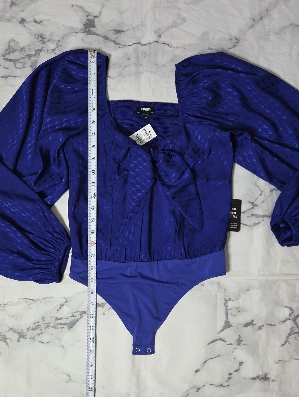 Express Blue Jacquard Tie Front Long Sleeve Body Suit - Picture 3 of 6